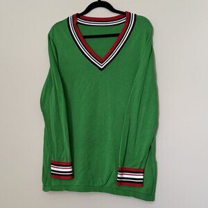 Tommy Hilfiger V-Neck Long Sleeve Cotton Sweater Green with Stripes XL
